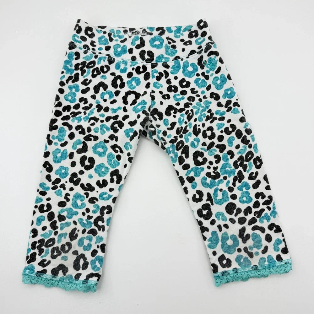 Justice Girls Y2K Leopard Print Cropped Leggings Teal &‎ Black Lace Trim Size 6